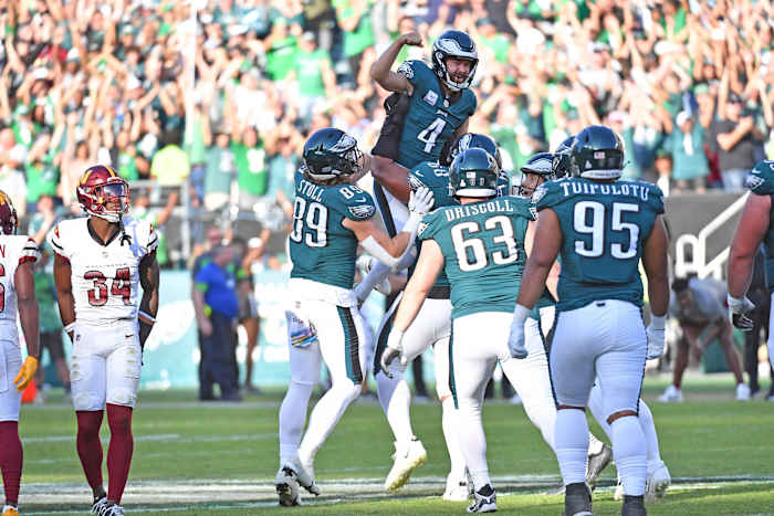 Oct 1, 2023; Philadelphia, Pennsylvania, USA; Philadelphia Eagles place kicker Jake Elliott (4) celebrates after making a 54-yard field goal to defeat the Washington Commanders in overtime at Lincoln Financial Field.